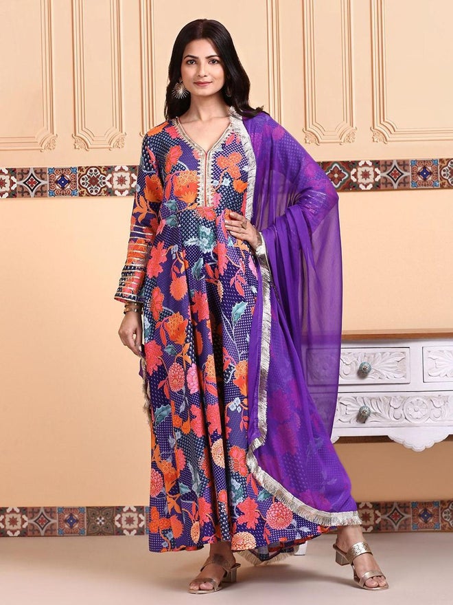 ISHIN Women Purple Floral Kurta and Pants with Dupatta Set - Image 2